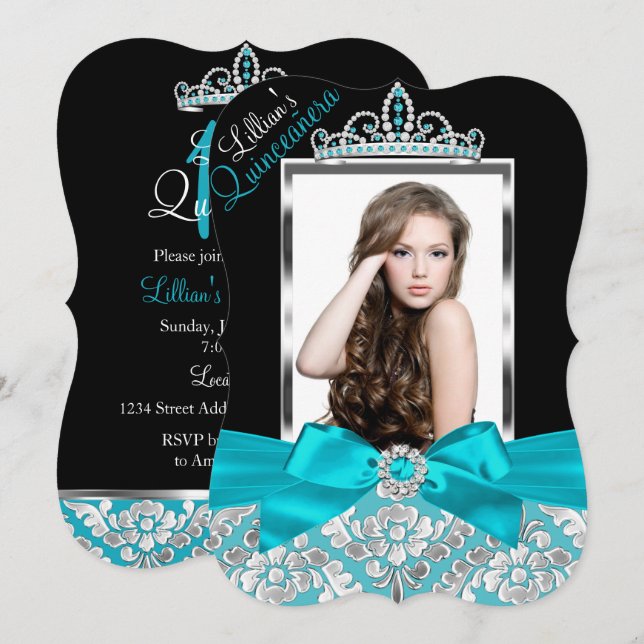 Convites Convidado Teal Black Damask & Tiara Photo Quincean (Frente/Verso)