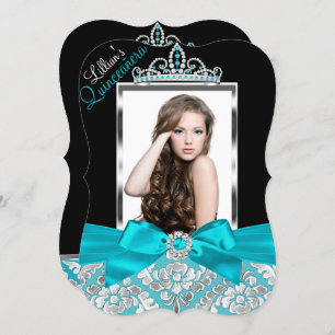 Convites Convidado Teal Black Damask & Tiara Photo Quincean