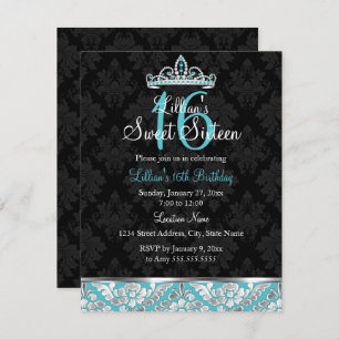 Convites Convidado Teal Black Damask & Tiara Sweet 16
