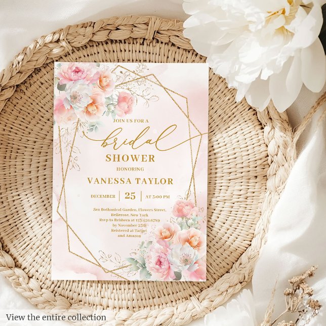 Convites Convidados do Chá de panela Glitter Dourado Blush  (Glam Boho Blush Gold Glitter Bridal Shower Invitation)