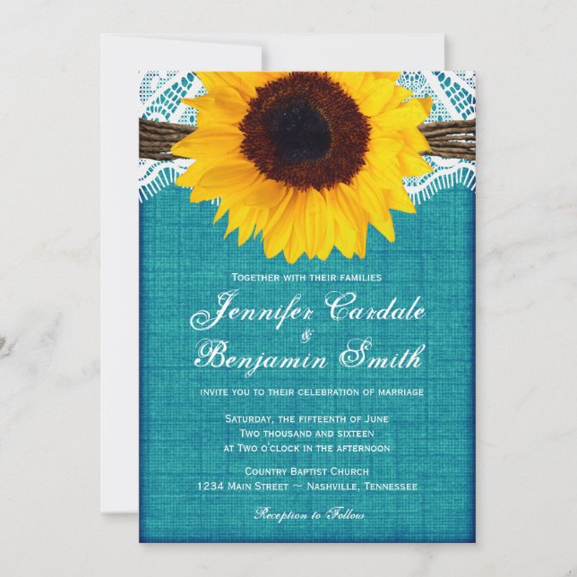 Convites Convidados para Casamento Russo de Teal Sunflower (Frente)