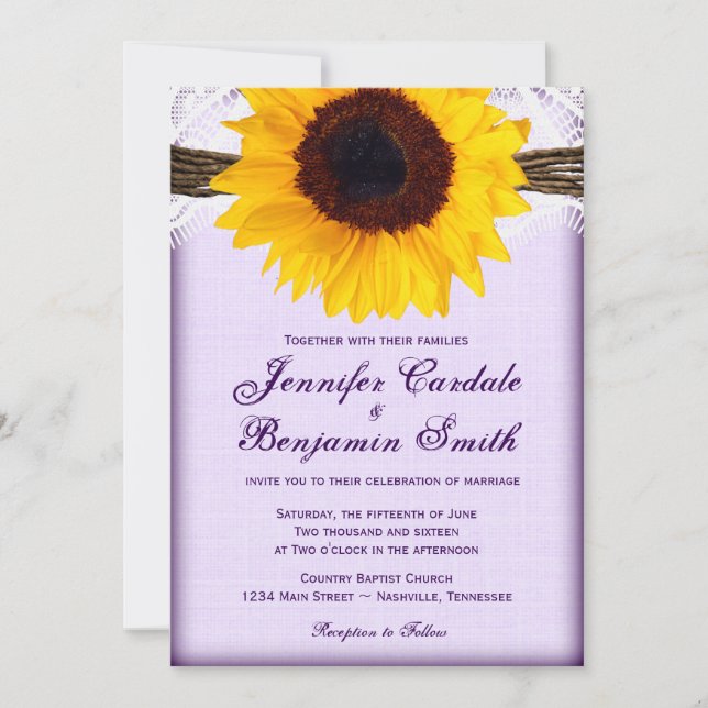 Convites Convidados para Casamento Rústico de Girassol Roxo (Frente)