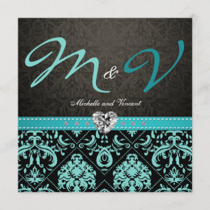 Convites Convidados para Casamento tema damasco azul/preto