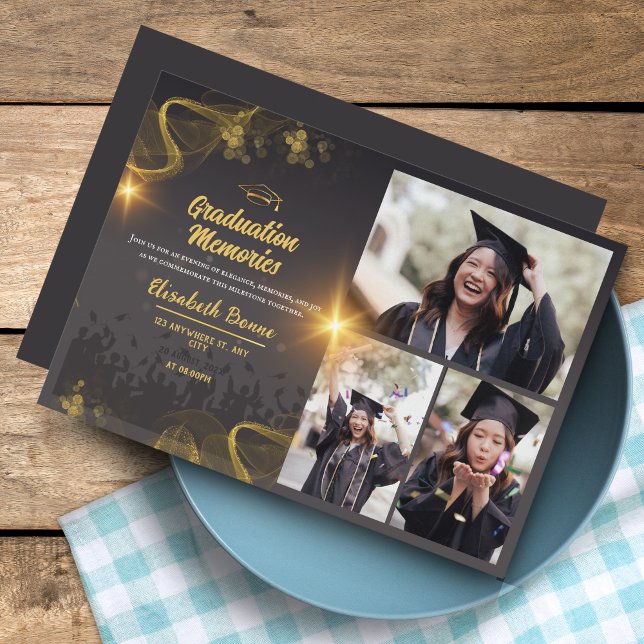 Convites Convidados para graduação personalizada Dourada e  (Elegant Gold & Black Custom Graduation Invites – Personalized)