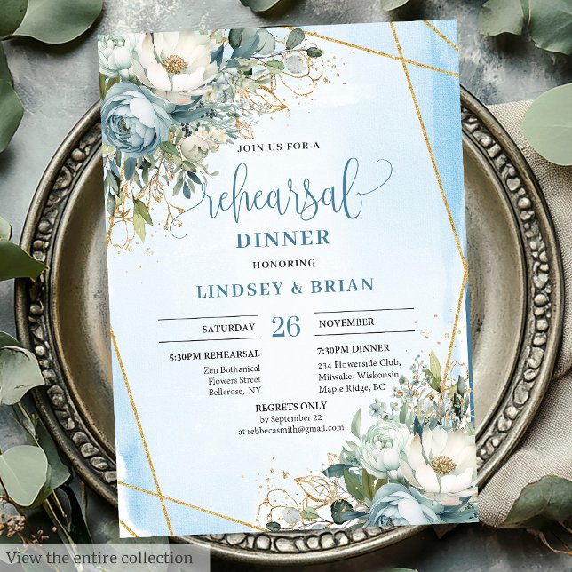 Convites Convidados para Janto de Literatura Dourada Floral (Chic Dusty Blue Floral Gold Glitter Dinner Invitation)