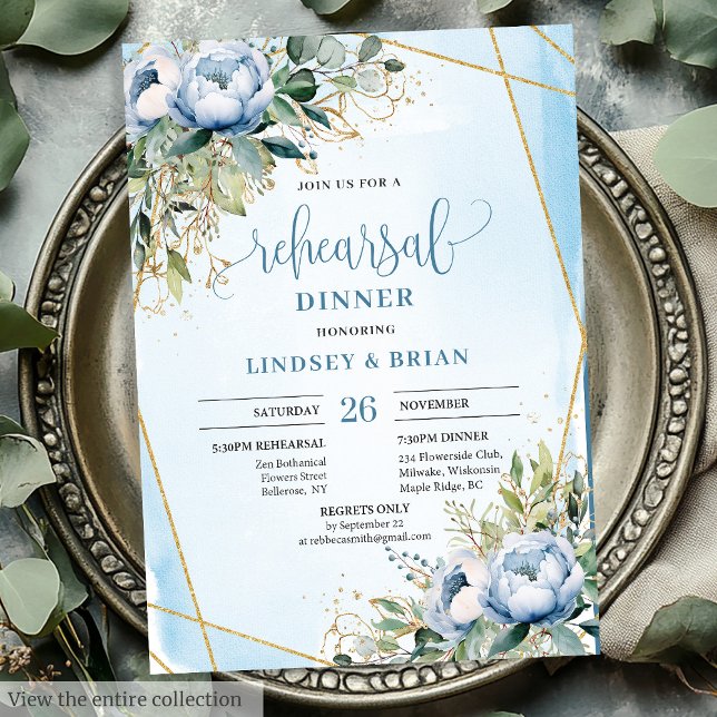 Convites Convidados para Janto Eucalyptus Azul sofisticado (Sophisticated Dusty Blue Eucalyptus Dinner Invitation)
