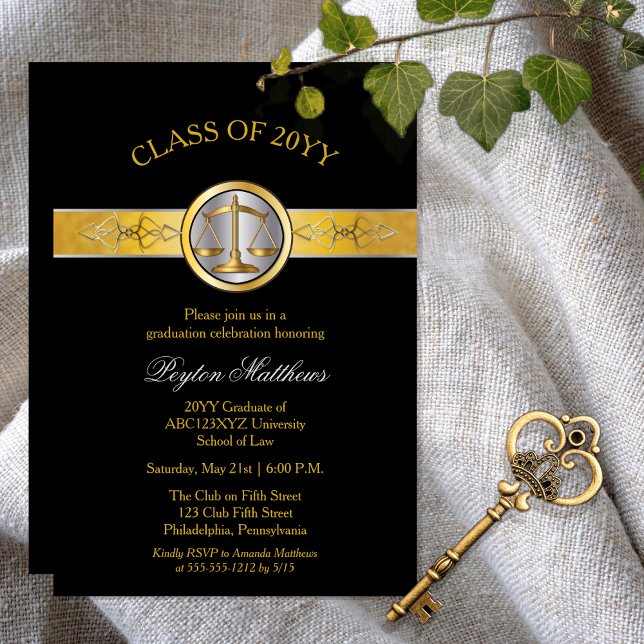 Convites Convidados para Licenciamento da Escola de Direito (Elegant Modern Gold Tone and Black Law School Lawyer | Attorney Graduation Announcement | Invitation)
