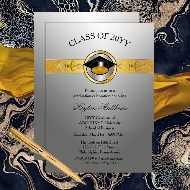 Convites Convidados para Licenciamento Universitário Dourad (Elegant Modern Gold and Silver Tone University Graduation Invitations -- Print | Digital Download)