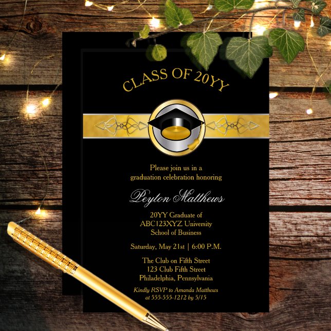 Convites Convidados para Licenciamento Universitário Dourad (Elegant Modern Gold Tone College or University Graduation Invitation -- Print and/or Download)