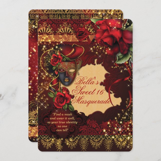 Convites Convidados Românticos do Mascarada Doce 16 do Part (Frente/Verso)