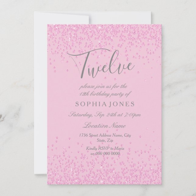 Convites Convidar 12 Festas de aniversário de Glitter Rosa (Frente)