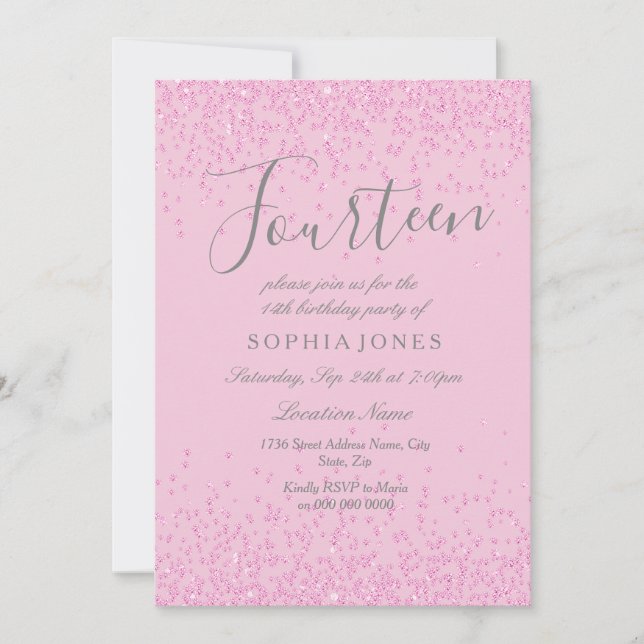 Convites Convidar 14 Festas de aniversário de Glitter Rosa (Frente)