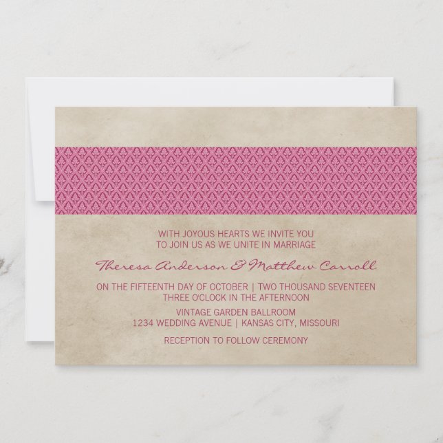 Convites Convidar Casamento tema damasco Russo Rosa (Frente)