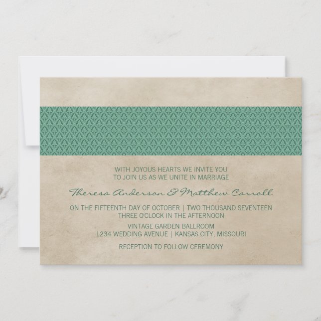 Convites Convidar Casamento tema damasco Russo Verde (Frente)