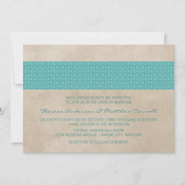 Convites Convidar Casamento tema damasco Teal Rustic (Frente)