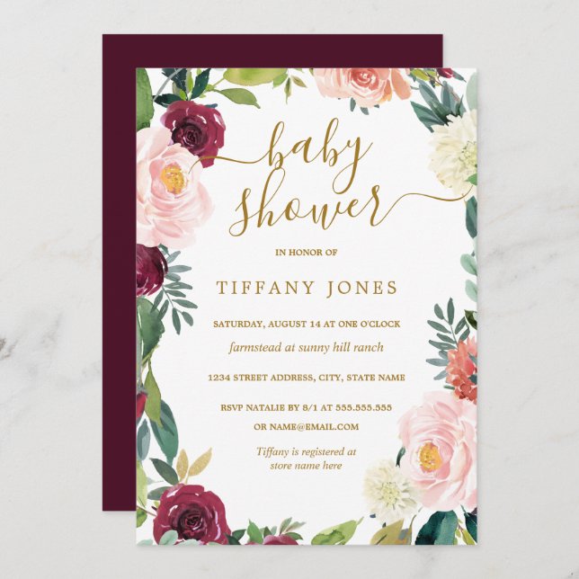 Convites Convidar Chá de fraldas Floral Dourado Blush Burgu (Frente/Verso)