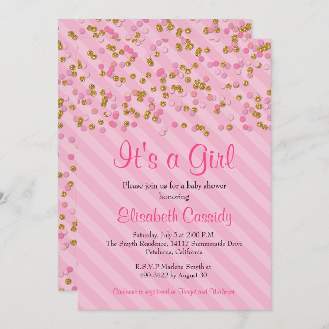 Convites Convidar Chá de fraldas Glitter Rosa e Dourado (Frente/Verso)