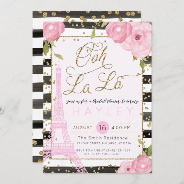 Convites Convidar Chá de panela Dourado Torre Eiffel de Par (Frente/Verso)