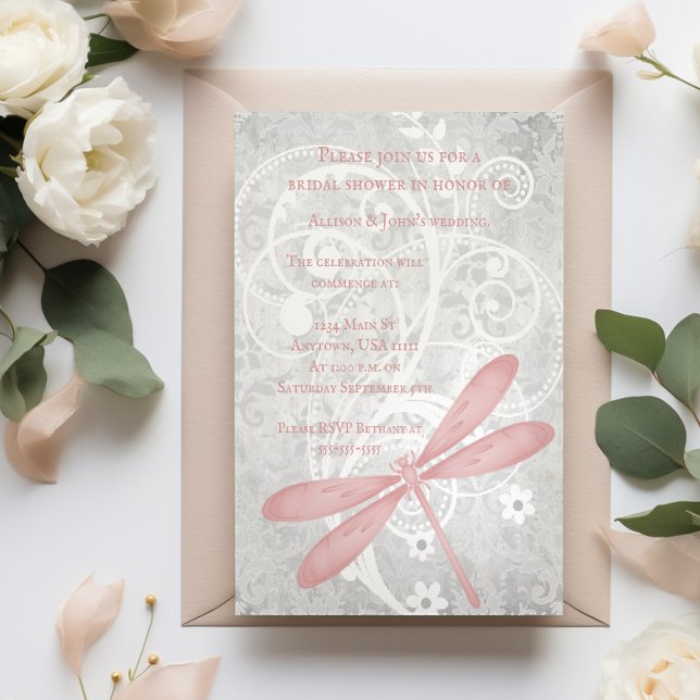 Convites Convidar Chá de panela Dragonfly Rosa (Pink Dragonfly Bridal Shower Invitation)