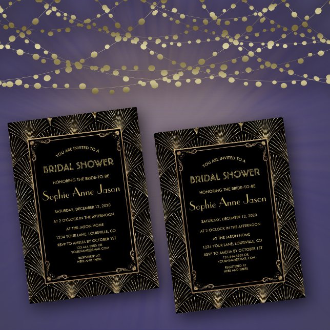 Convites Convidar Chá de panela Gatsby do Excelente Vintage (bridal shower invite, Art Deco bridal shower invitation, gold black bridal shower, roaring 20s )