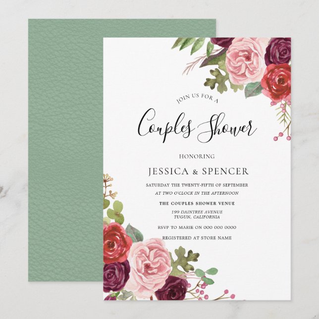 Convites Convidar Chá para Casais Burgundy Blush Mint (Frente/Verso)