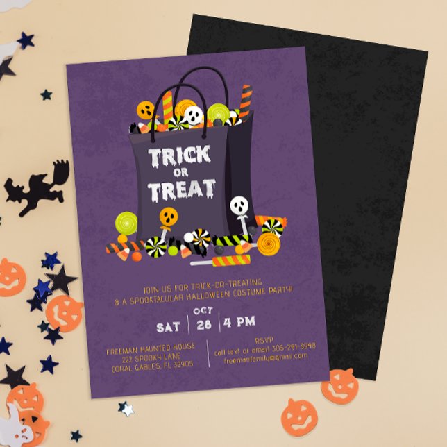 Convites Convidar Festa de Costume para Crianças Roxas (Trick or Treat Halloween Costume Party Invitation)
