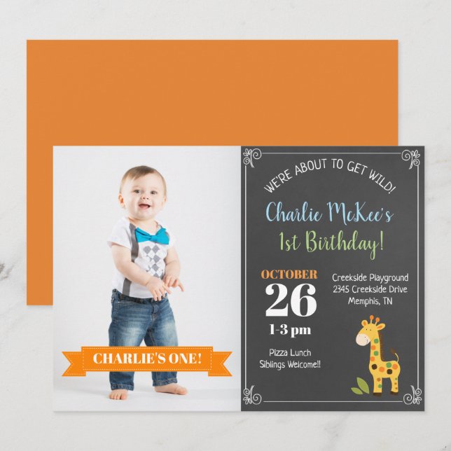 Convites Convidar Foto de Aniversário para Giraffe Trendy (Frente/Verso)
