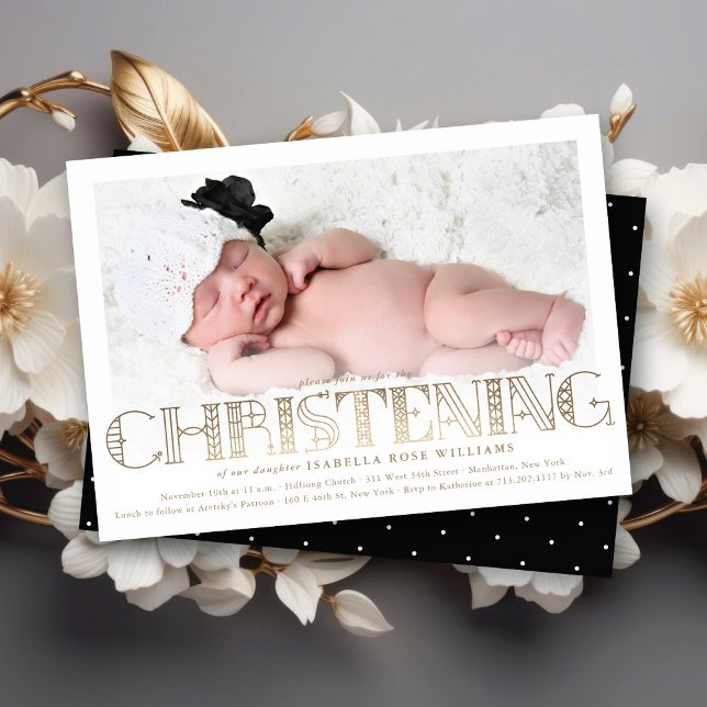 Convites Convidar Foto para o Boho Elegante Gold Foil Chris (Boho Elegant Faux Gold Foil Stylish Chic Modern Christening Religious Photo Invitation @ fat_fa_tin)