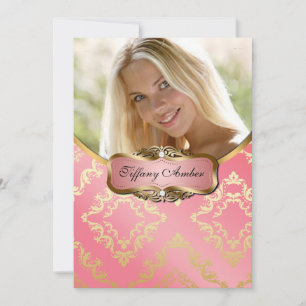 Convites Convidar Foto Peach e Dourada Damask