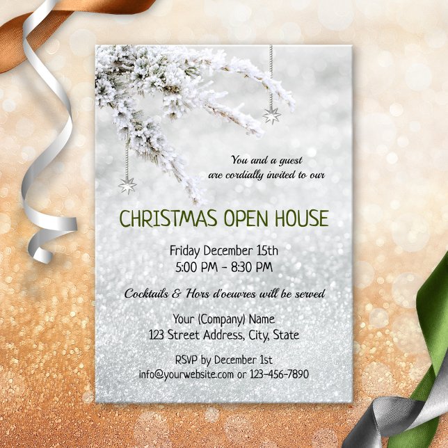 Convites Convidar Open House da Companhia de Natal com Neve (Christmas open house invitation featuring a snow covered branch with silver star pending ornament)
