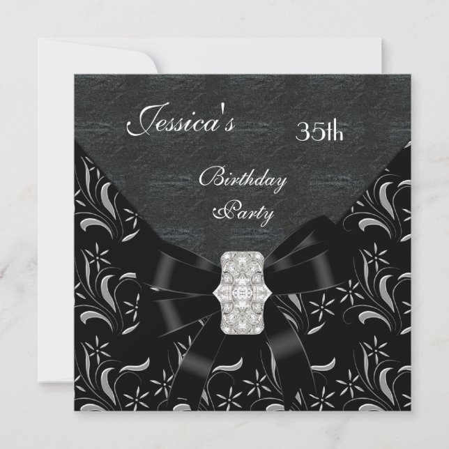 Convites Convidativo Preto Damask Preto Branco Prata 35º Bi (Frente)
