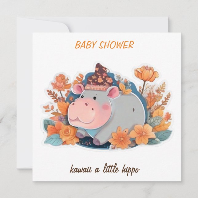 Convites convidem kawaii um chá de fraldas hippo (Frente)
