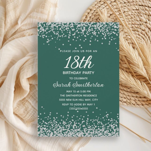 Convites Convidite de 18 Anos Verde Esmeralda com Brilho de (Elegant emerald green and silver glitter 18th birthday party invitation for women,)