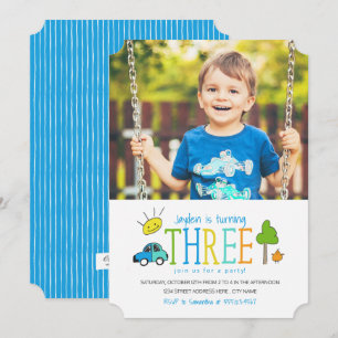 Convites Convite/Carro para aniversário de 3 anos de Doodle