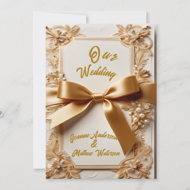 Convites "Convite de Casamento com Floral Repuxado e Laço d (Frente)