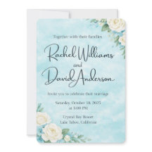 "Convite de Casamento Floral em Aquarela Azul"