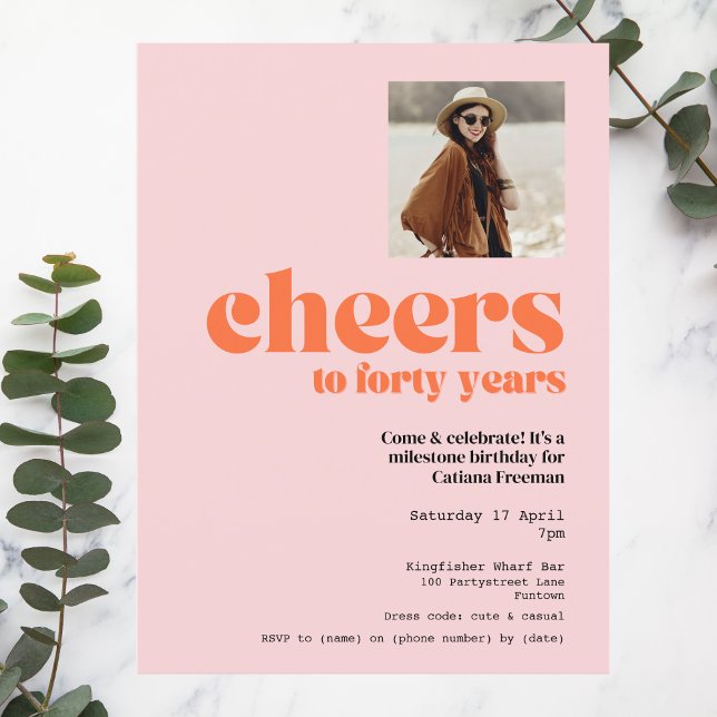 Convites Convite, Retro Rosa & Apricot, aniversário de 40 a (Criador carregado)