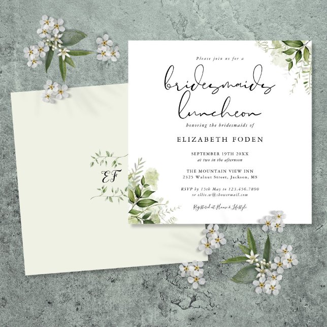 Convites Convivio de Damas de Honra com Monograma Floral Ve (Greenery Floral Monogram Bridesmaids Luncheon Invitation)