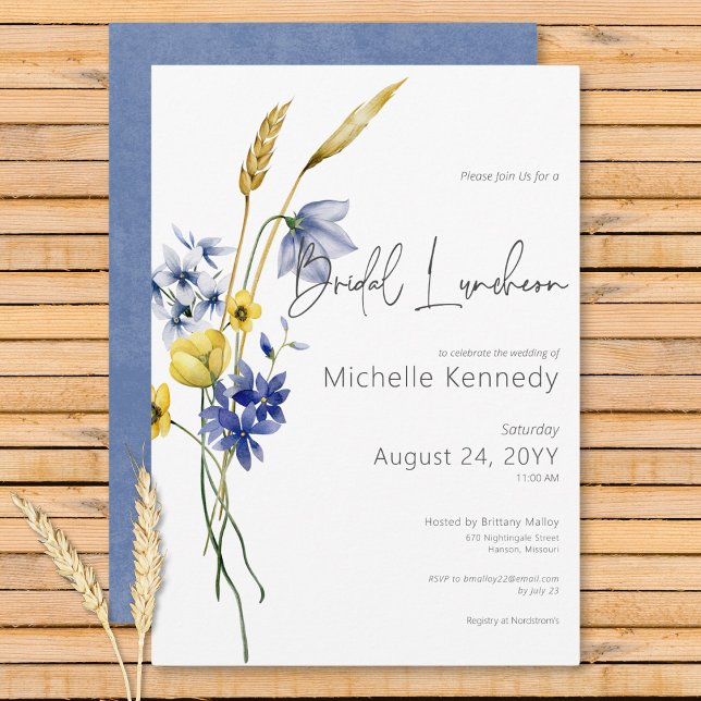 Convites Convivio de Noiva com Flores Silvestres Azuis e Am (Modern Blue & Yellow Wildflowers Bridal Luncheon Invitation)
