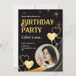 Convites Convocação de Aniversário Feliz, Preto E Dourado E