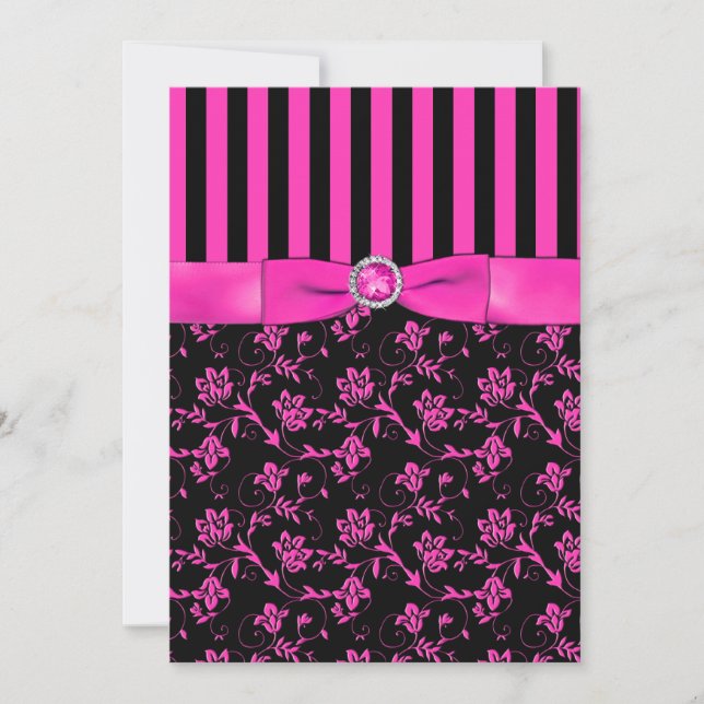 Convites Convocação de Black e Hot-Pink Striped e Jeweled (Frente)