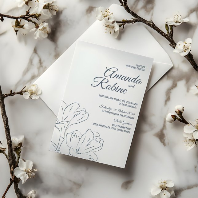 Convites Convocação de Casamento de Contorno de Azul Dusty (Criador carregado)