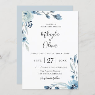 Convites Convocação de Casamento Floral Botânico Dusty Blue