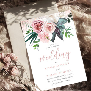 Convites Convocação de Casamento Floral Rosa-Rosa-Blush Ros
