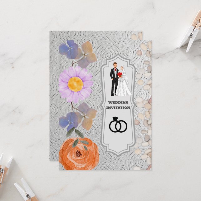 Convites Convocação de Casamento Islâmico Floral de Textura (Frente/Verso In Situ)