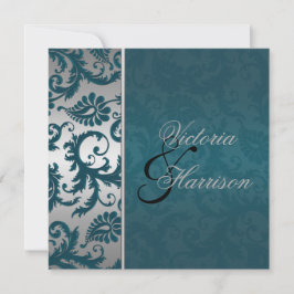 Convites Convocação de Casamento Silver e Teal Damask II
