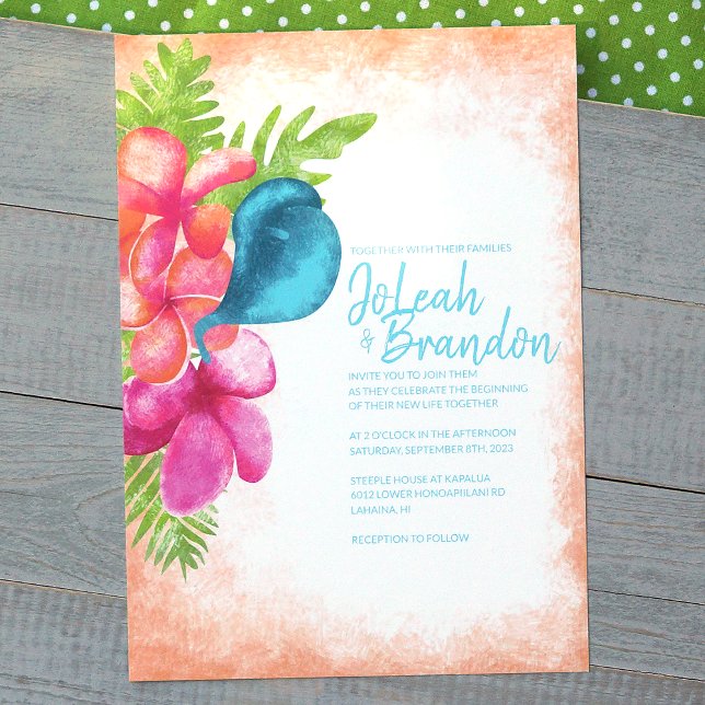 Convites Convocação de Casamento Tropical Azul de Coral Pin (pink coral turquoise tropical flower wedding invitations)