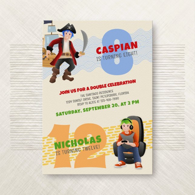 Convites Convocação de Duplo Aniversário para Pirata Gamer (Criador carregado)