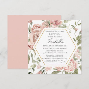 Convites Convocação Dourada Floral Dusty Pink Baptism
