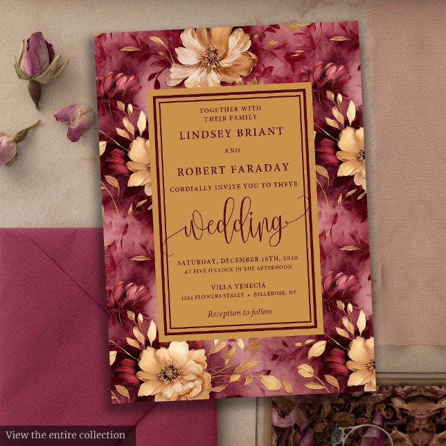 Convites Convocação Dourada para Casamento Floral do Chic L (Chic Luxury Merlot Gold Floral Wedding Invitation)